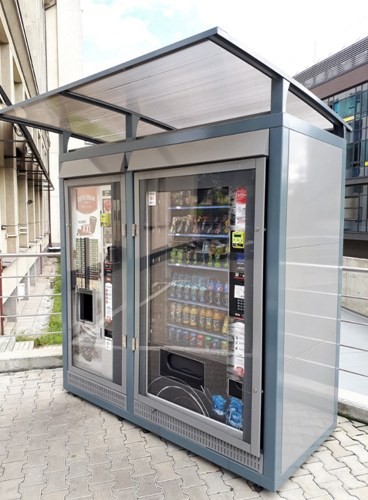 Wetterfeste Outdoor Umhausung & Verkleidung aus Metall für Vending Automaten & Automatenstationen by Flavura: Getränkeautomaten, Kaffeeautomaten, Kaffeevollautomaten, Foodautomaten, Snackautomaten, Verkaufsautomaten, Verpflegungsautomaten, Warenautomaten,